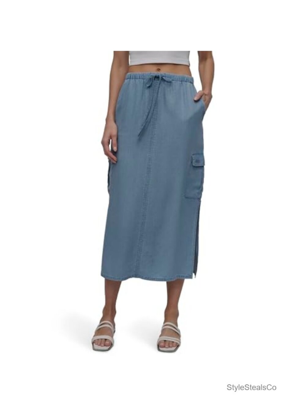 DKNY Tencel Cargo Pocket Skirt High Rise Below Knee Pull On Casual
